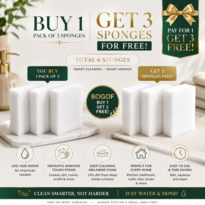 🔥 Buy 1 Get 1 FREE – Magic Cleaning Sponge Pack of 3 | Removes Tough Stains with Just Water | Kitchen, Bathroom, Walls & Shoes