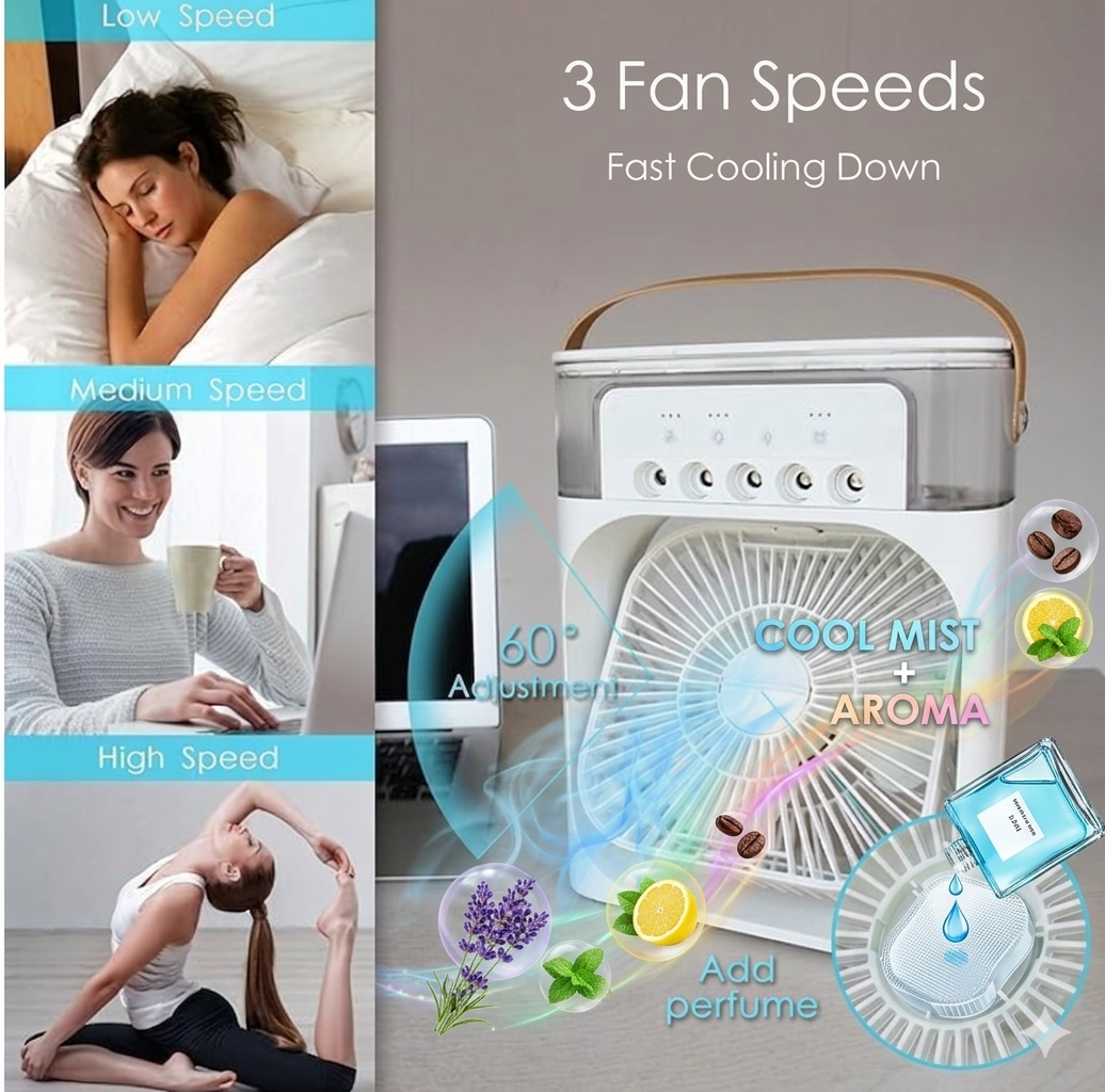 Mini Portable Air Cooler – Powerful Personal Evaporative Cooling Fan with 5 Spray Mist Modes, 3-Speed Quiet Desk Fan, USB Powered Humidifier & Night Light for Bedroom and Office