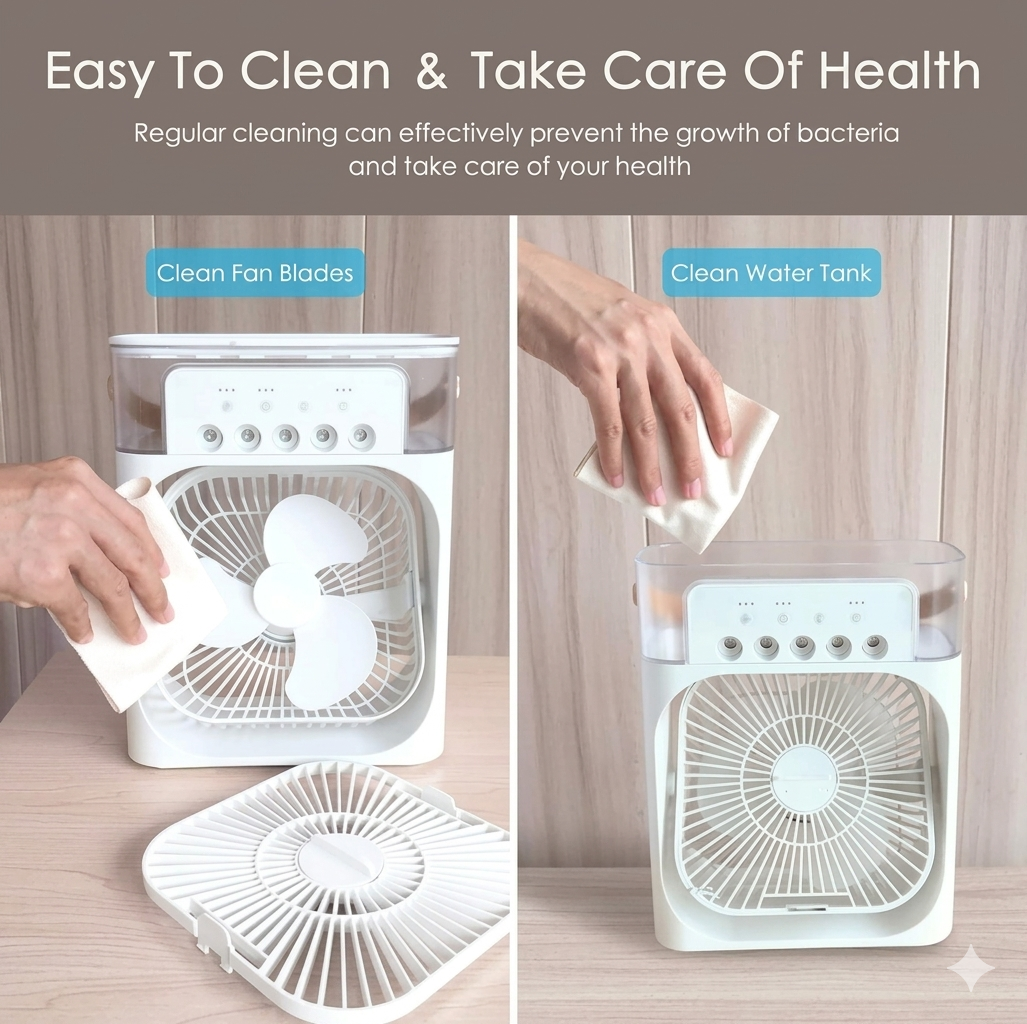 Mini Portable Air Cooler – Powerful Personal Evaporative Cooling Fan with 5 Spray Mist Modes, 3-Speed Quiet Desk Fan, USB Powered Humidifier & Night Light for Bedroom and Office